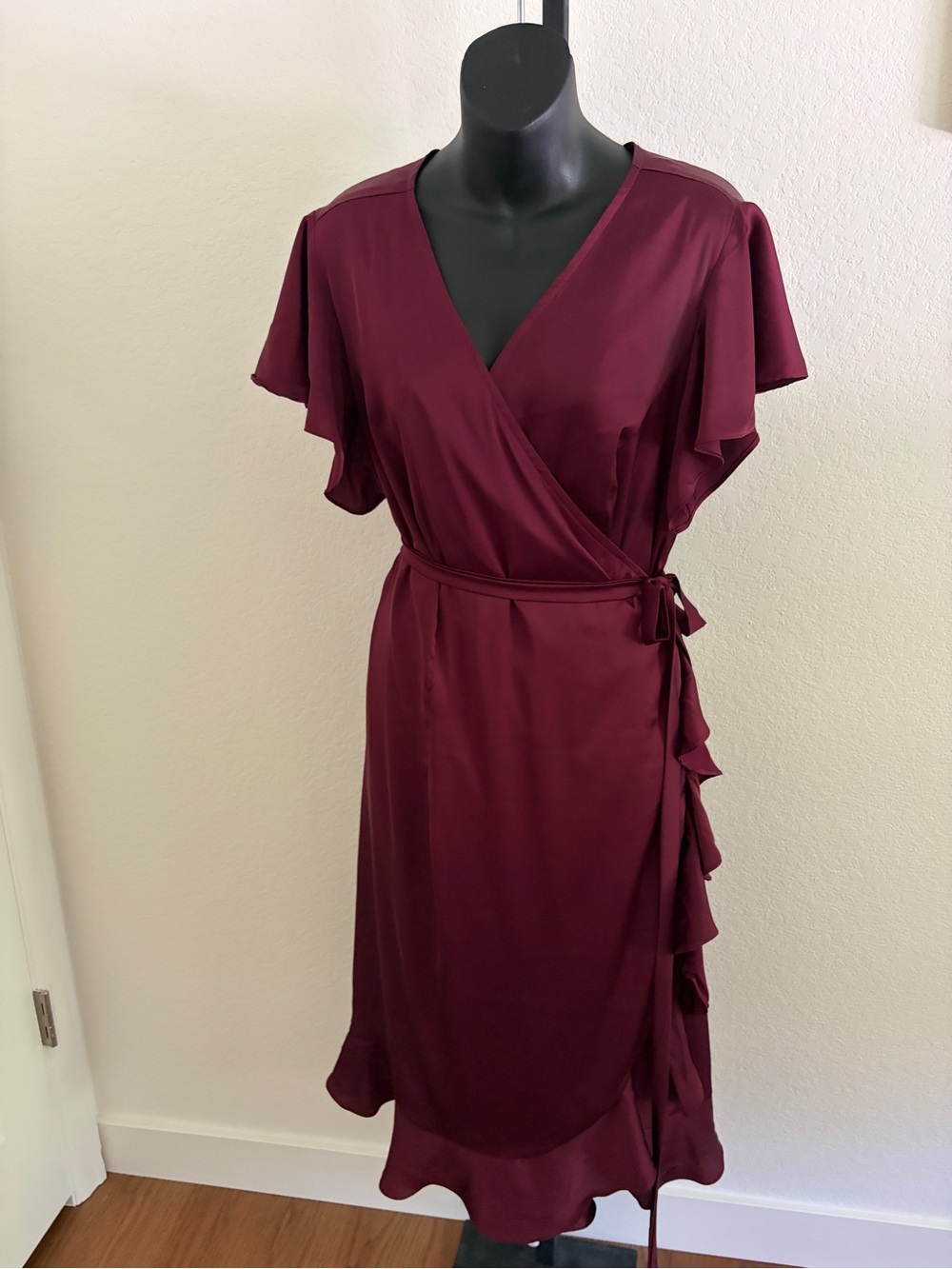 100% Silk Burgundy Wrap Dress with Flutter Sleeves - size 14/16